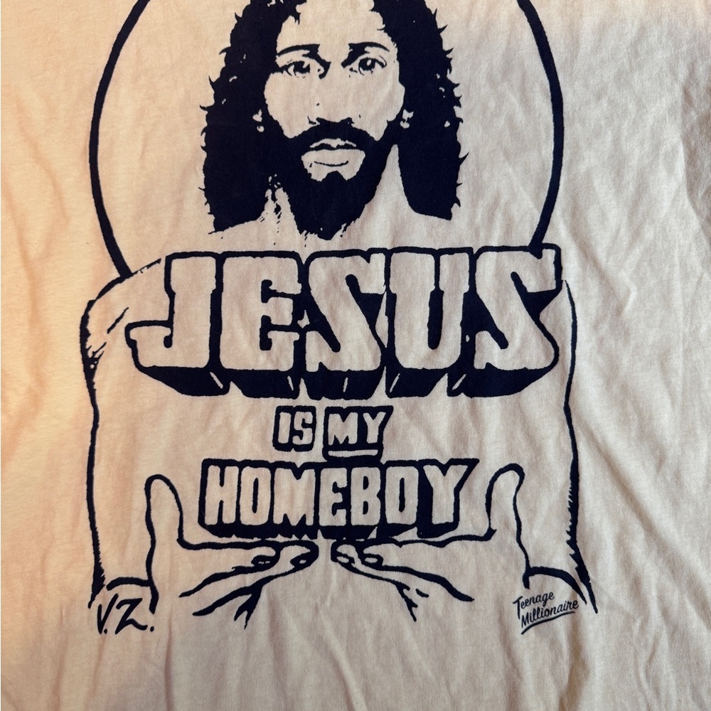 Graphic 'Jesus Is My Homeboy' Short Sleeve T-Shirt - Cream - Picture 3 of 11
